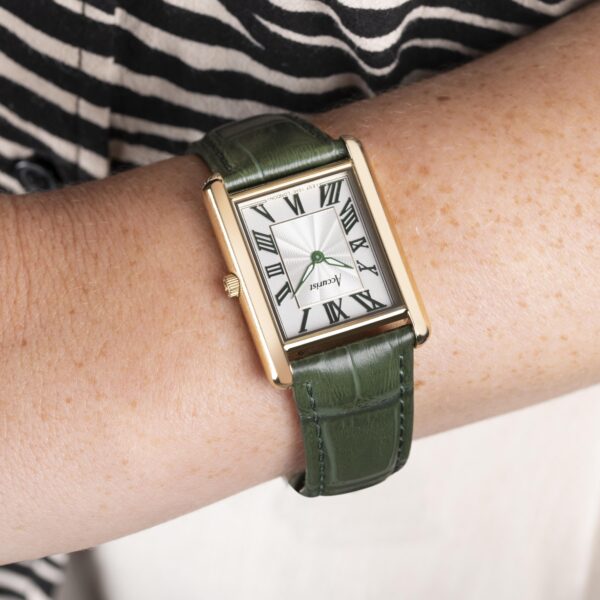 Accurist Rectangle Ladies Watch – Gold Case & Green Leather Strap with White Dial 4