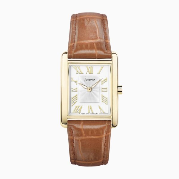 Accurist Rectangle Ladies Watch – Gold Case & Tan Leather Strap with White Dial