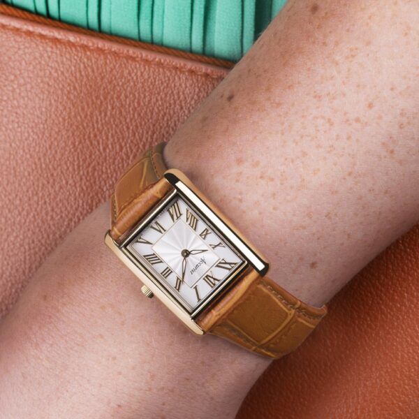 Accurist Rectangle Ladies Watch – Gold Case & Tan Leather Strap with White Dial 8