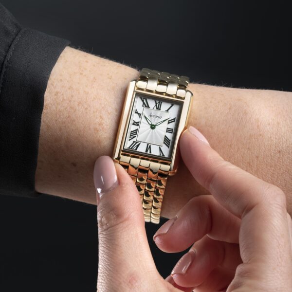 Accurist Rectangle Ladies Watch – Gold Case & Stainless Steel Bracelet with White Dial 4