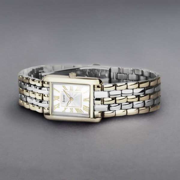 Accurist Rectangle Ladies Watch – Gold Case & Two Tone Stainless Steel Bracelet with White Dial 2