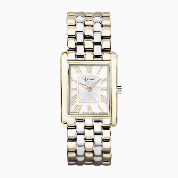 Accurist Rectangle Ladies Watch – Gold Case & Two Tone Stainless Steel Bracelet with White Dial