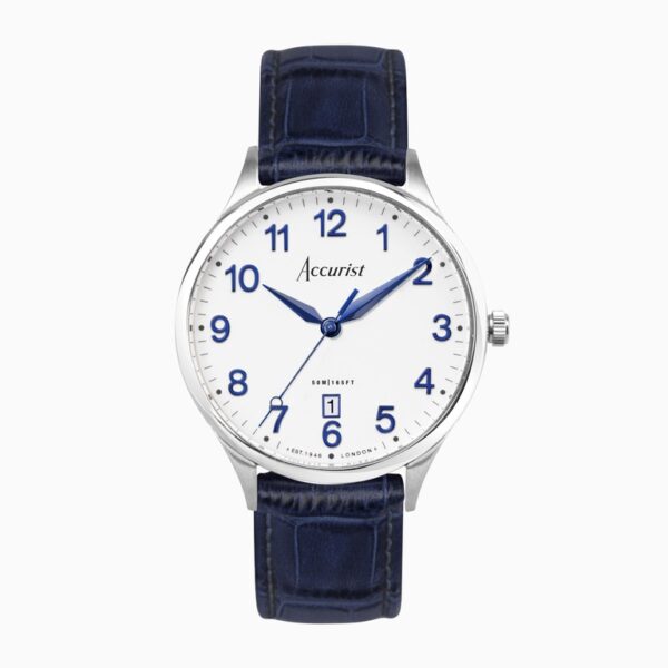 Accurist Classic Men’s Watch – Silver Case & Blue Leather Strap with White Dial