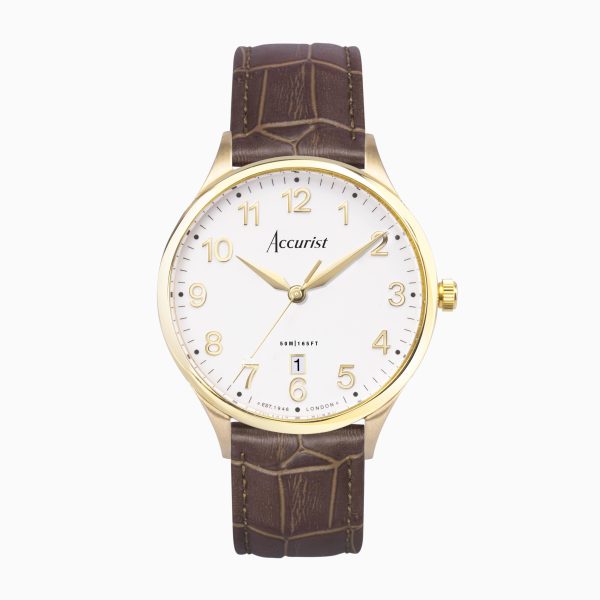 Accurist Classic Men’s Watch – Gold Case & Brown Leather Strap with White Dial