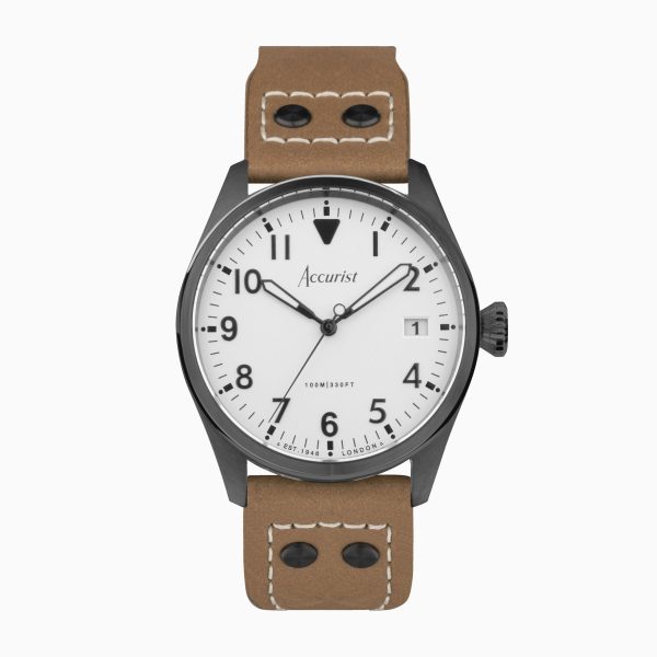 Accurist Aviation Men’s Watch – Black Case & Beige Leather Strap with White Dial