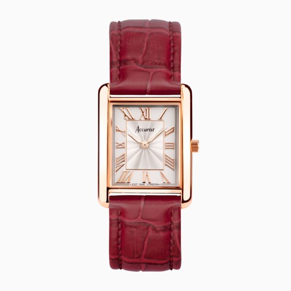 Accurist Rectangle Ladies Watch – Rose Gold Case & Burgundy Leather Strap with White Dial