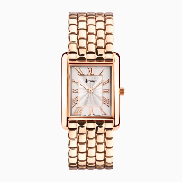 Accurist Rectangle Ladies Watch – Rose Gold Case & Stainless Steel Bracelet with White Dial