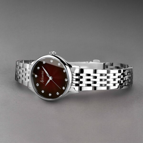 Accurist Dress Diamond Ladies Watch – Silver Stainless Steel Case & Bracelet with Burgundy Dial 2