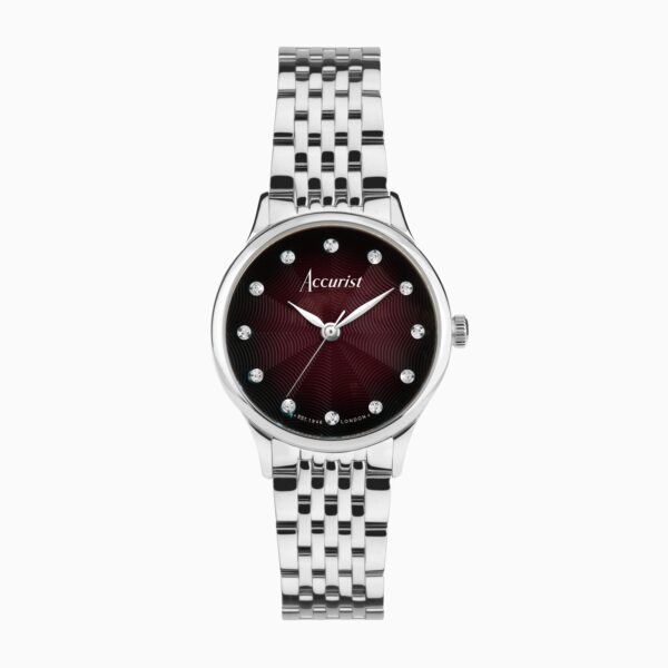 Accurist Dress Diamond Ladies Watch – Silver Stainless Steel Case & Bracelet with Burgundy Dial