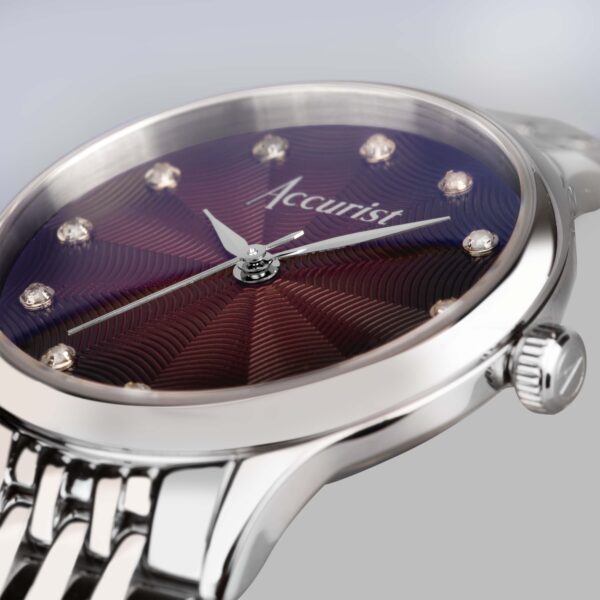 Accurist Dress Diamond Ladies Watch – Silver Stainless Steel Case & Bracelet with Burgundy Dial 9