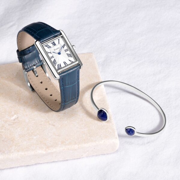 Accurist X Sarah Alexander Rectangle Ladies Watch Gift Set – Silver Stainless Steel Case & Blue Leather Strap with White Dial 8