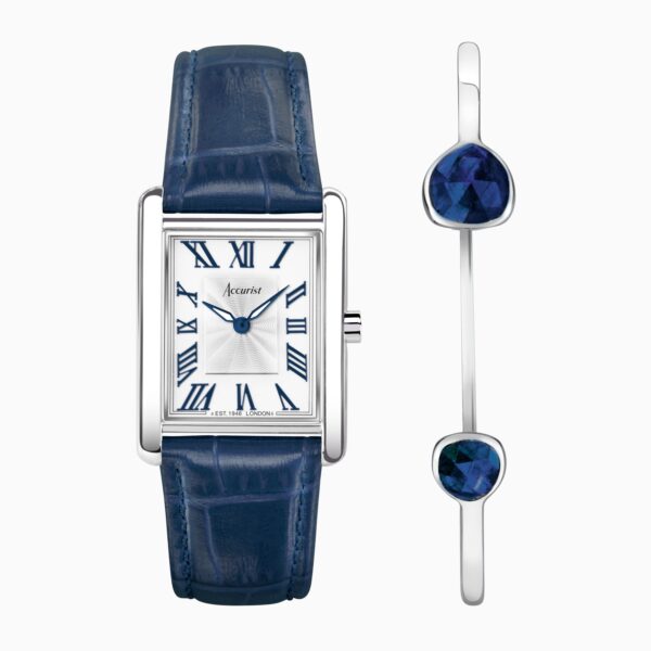 Accurist X Sarah Alexander Rectangle Ladies Watch Gift Set – Silver Stainless Steel Case & Blue Leather Strap with White Dial