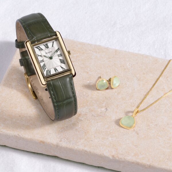 Accurist X Sarah Alexander Rectangle Ladies Watch Gift Set – Gold Stainless Steel Case & Green Leather Strap with White Dial 9