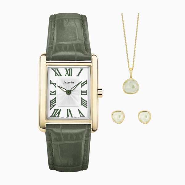 Accurist X Sarah Alexander Rectangle Ladies Watch Gift Set – Gold Stainless Steel Case & Green Leather Strap with White Dial