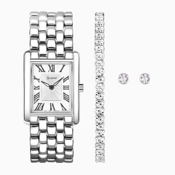 Accurist X Sarah Alexander Rectangle Ladies Watch Gift Set – Silver Stainless Steel Case & Bracelet with White Dial