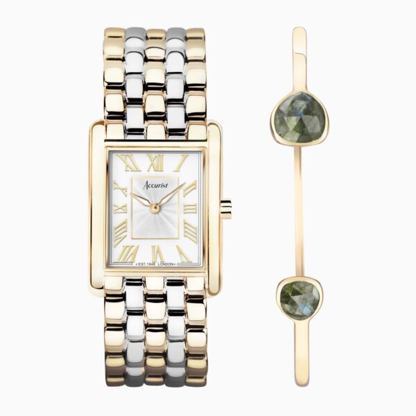 Accurist X Sarah Alexander Rectangle Ladies Watch Gift Set – Gold Stainless Steel Case & Two Tone Bracelet with White Dial