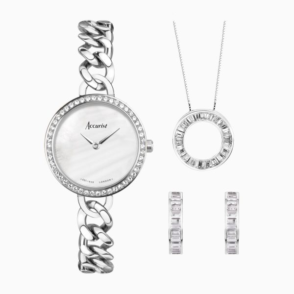 Accurist X Sarah Alexander Jewellery Ladies Watch Gift Set – Silver Stainless Steel Case & Bracelet with Mother of Pearl Dial